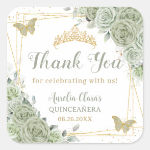 Quinceañera Sage Groene Bloemen Gouden Vlinders Vierkante Sticker