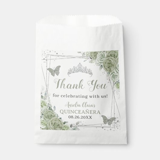 Quinceañera Sage Groene Bloemen Zilveren Vlinders Bedankzakje (Voorkant)