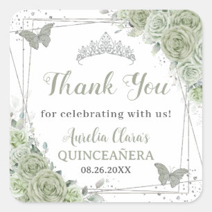 Quinceañera Sage Groene Bloemen Zilveren Vlinders Vierkante Sticker
