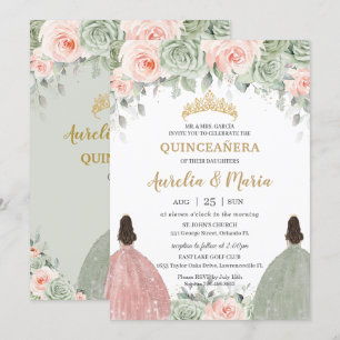 Quinceañera Sage Groene Blush Bloemen Gouden Twins Kaart