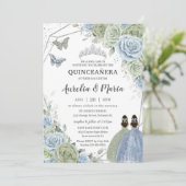 Quinceañera Salie Groen Blauw Bloem Twins Zilver Kaart (Staand voorkant)
