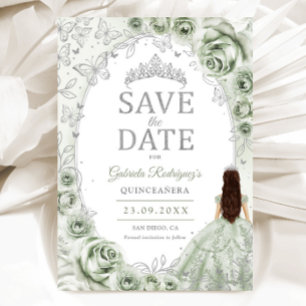 Quinceanera Salie Groen Zilver Bloem Save The Date