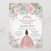 Quinceañera Saliegroen Roze Bloem Roze Goud Kaart (Voorkant / Achterkant)