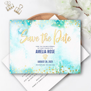 Quinceañera Save Date Crown Turquoise Real Gold Folie Uitnodiging Briefkaart