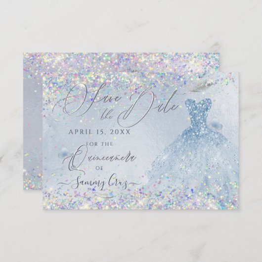 Quinceanera Save Date Holographic Confetti Kaart (Voorkant / Achterkant)