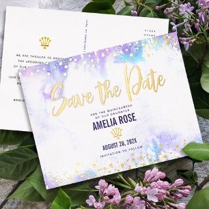 Quinceañera Save Date Paarse Waterverf Real Gold Folie Uitnodiging Briefkaart