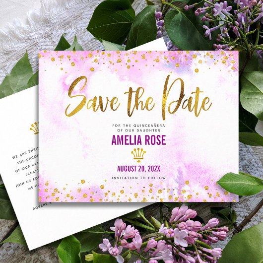 Quinceañera Save Date Pink Waterverf Gold Foil Uitnodiging Briefkaart