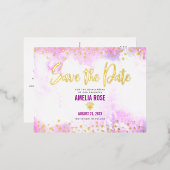 Quinceañera Save Date Pink Waterverf Real Gold Folie Uitnodiging Briefkaart (Voorkant / Achterkant)