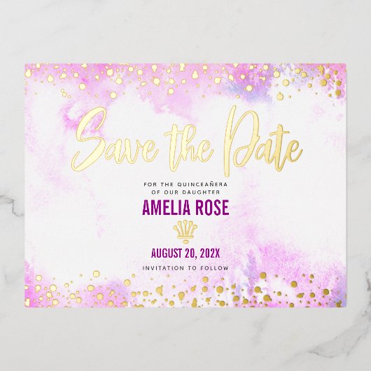 Quinceañera Save Date Pink Waterverf Real Gold Folie Uitnodiging Briefkaart (Voorkant)