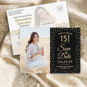 Quinceañera Save the Date 2 Foto Zwart en Goud Uitnodiging Briefkaart
