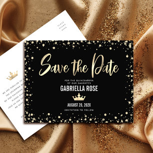 Quinceañera Save the Date Black Gold Glitter Crown Uitnodiging Briefkaart