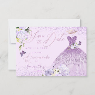 Quinceanera Save the Date Dusty Paars Gown Kaart