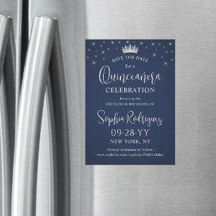 Quinceañera Save the Date Elegante Navyblauw Magnetische Uitnodiging