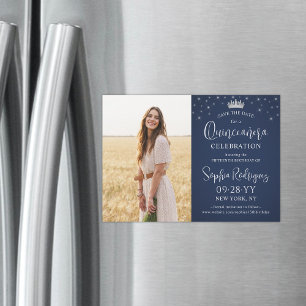 Quinceañera Save the Date Foto & Sterren Donkerbla Magnetische Uitnodiging