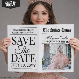 Quinceañera Save the Date Kranten Fotoshoot Kaart