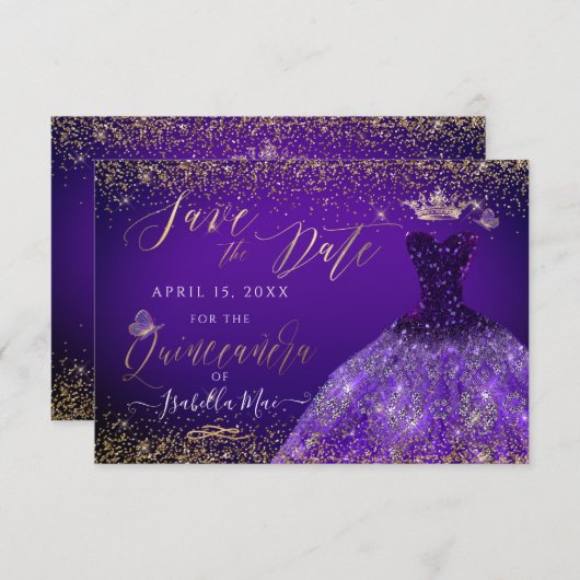 Quinceanera Save the Date Paarse Gliter Gown Kaart (Voorkant / Achterkant)