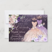 Quinceanera Save the Date Roos Gold Dusty Paars