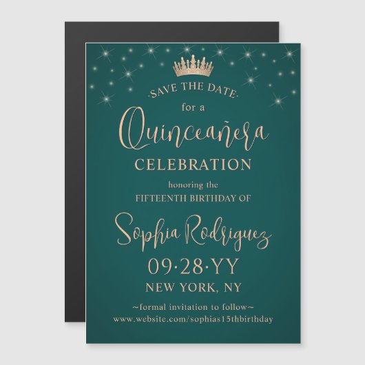 Quinceañera Save the Date Rose Gold Crown & Green Magnetische Uitnodiging (Voorkant / Achterkant)