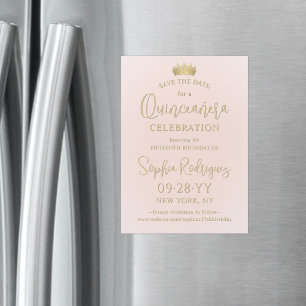 Quinceañera Save the Date Roze & Gouden Kroon Magnetische Uitnodiging