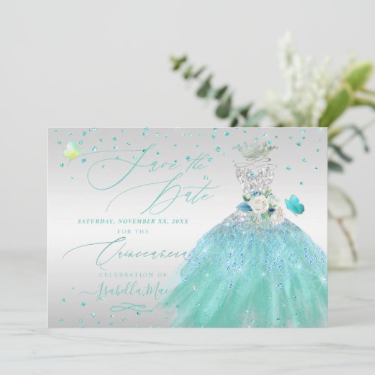 Quinceanera Save the Date Turquoise Silver Kaart (Staand voorkant)