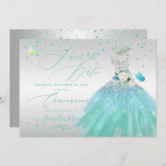 Quinceanera Save the Date Turquoise Silver Kaart (Voorkant / Achterkant)