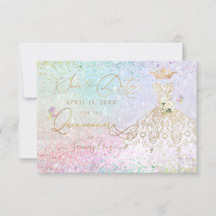 Quinceanera Save the Date White Gold Dress Kaart