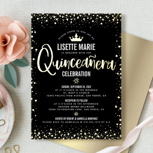 Quinceañera Script Princess Kroon Zwart Echt Goud Folie Uitnodiging
