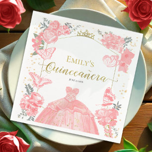 Quinceanera Servetten Roze Jurk Bloemen Gouden Fol