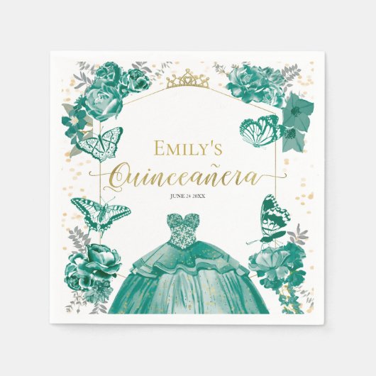 Quinceanera Servetten Smaragd Groene Jurk Bloemen (Voorkant)