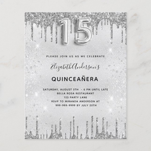 Quinceanera Silglitter-begrotingsuitnodiging (Voorkant)