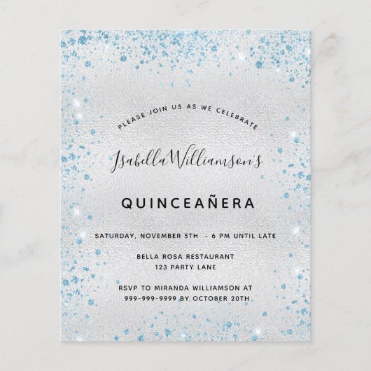 Quinceanera Silver Blauw Glitter-budget Flyer (Voorkant)