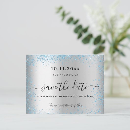 Quinceanera Silver Blauwe sparken redden de datum Aankondigingskaart (Staand voorkant)