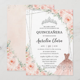 Quinceañera Silver Blush Floral Princess Dress Kaart