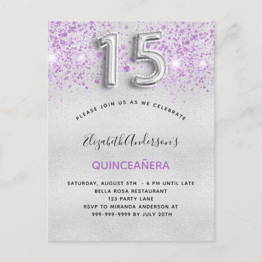 Quinceanera Silver paarse glitterdruppels Uitnodiging Briefkaart (Voorkant)