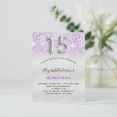 Quinceanera Silver paarse glitterdruppels Uitnodiging Briefkaart (Staand voorkant)