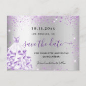 Quinceanera Silver paarse sparkles redt de datum Aankondigingskaart (Voorkant)