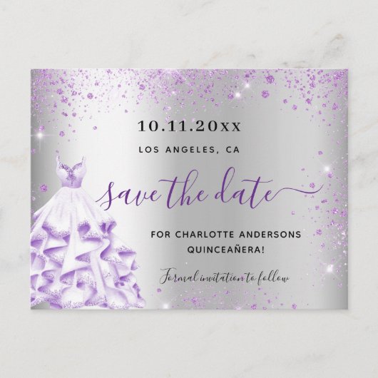 Quinceanera Silver paarse sparkles redt de datum Aankondigingskaart (Voorkant)
