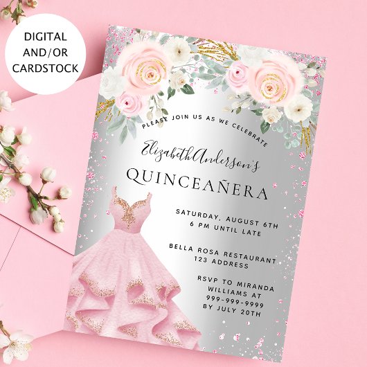Quinceanera Silver Pink sparkles Kaart