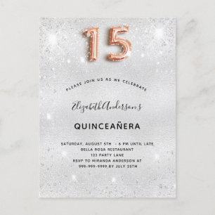 Quinceanera Silver roos goud glitsstof Uitnodiging Briefkaart