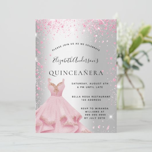 Quinceanera Silver Roze jurk glitsstof Kaart (Staand voorkant)