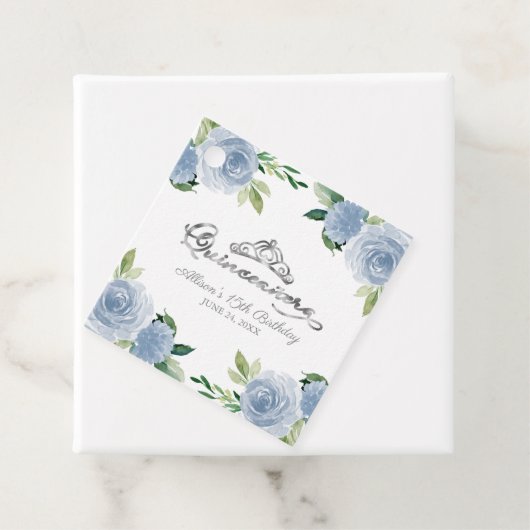 Quinceanera Silver Tiara Light Blue Floral Bedankjes Labels (In situ)