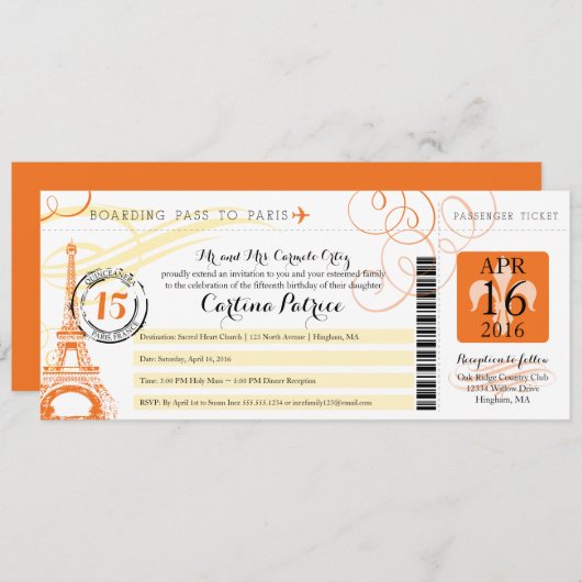 Quinceanera Sinaasappel & Geel Paris Boarding Pass Kaart (Voorkant / Achterkant)