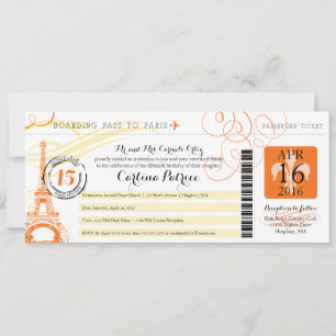 Quinceanera Sinaasappel & Geel Paris Boarding Pass Kaart