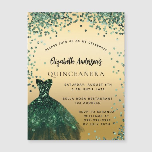 Quinceanera smaragd groene jurk luxe party magnetische uitnodiging (Voorkant)