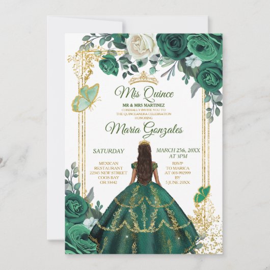 Quinceañera Smaragd Groene Vlinder Gouden Kroon Kaart (Voorkant)