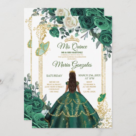Quinceañera Smaragd Groene Vlinder Gouden Kroon Kaart (Voorkant / Achterkant)