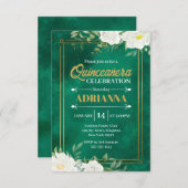 Quinceanera Smaragd Groene Waterverf Witte Bloemen Kaart (Voorkant / Achterkant)