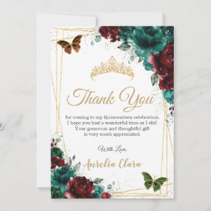 Quinceanera Smaragd Rode Bloemen Bedankkaart Kaart