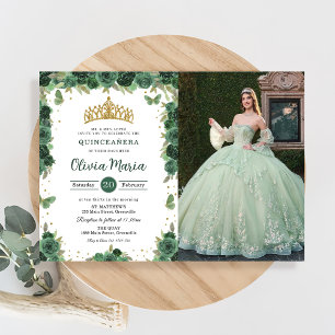 Quinceañera Smaragdgroene Bloemen Vlinders Foto Kaart
