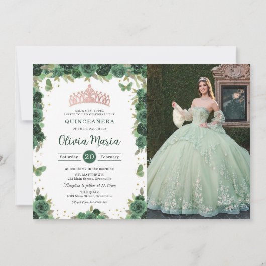 Quinceañera Smaragdgroene Bloemvlinders Foto Kaart (Voorkant)